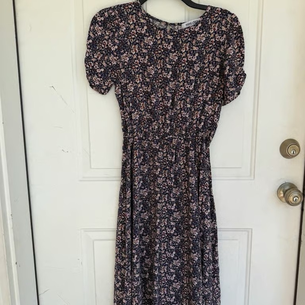 Mini Boden Navy Floral Midi Dress with Pink and Cream Blossoms